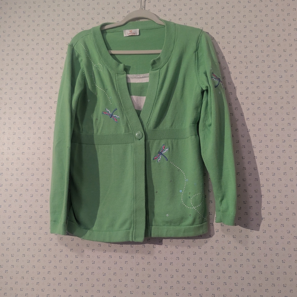 💚 Quaker Factory S Green Cardigan Dragonfly Embroidery Bling Whimsical Summer